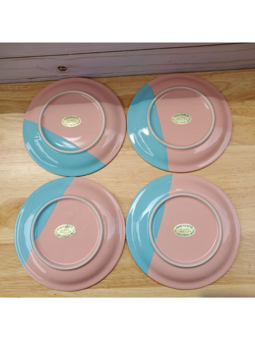 Hand Painted VTG Pier 1 Pink Blue Set Of 4 Coffee Cups And Saucers Japan 1990s - Picture 3 of 16